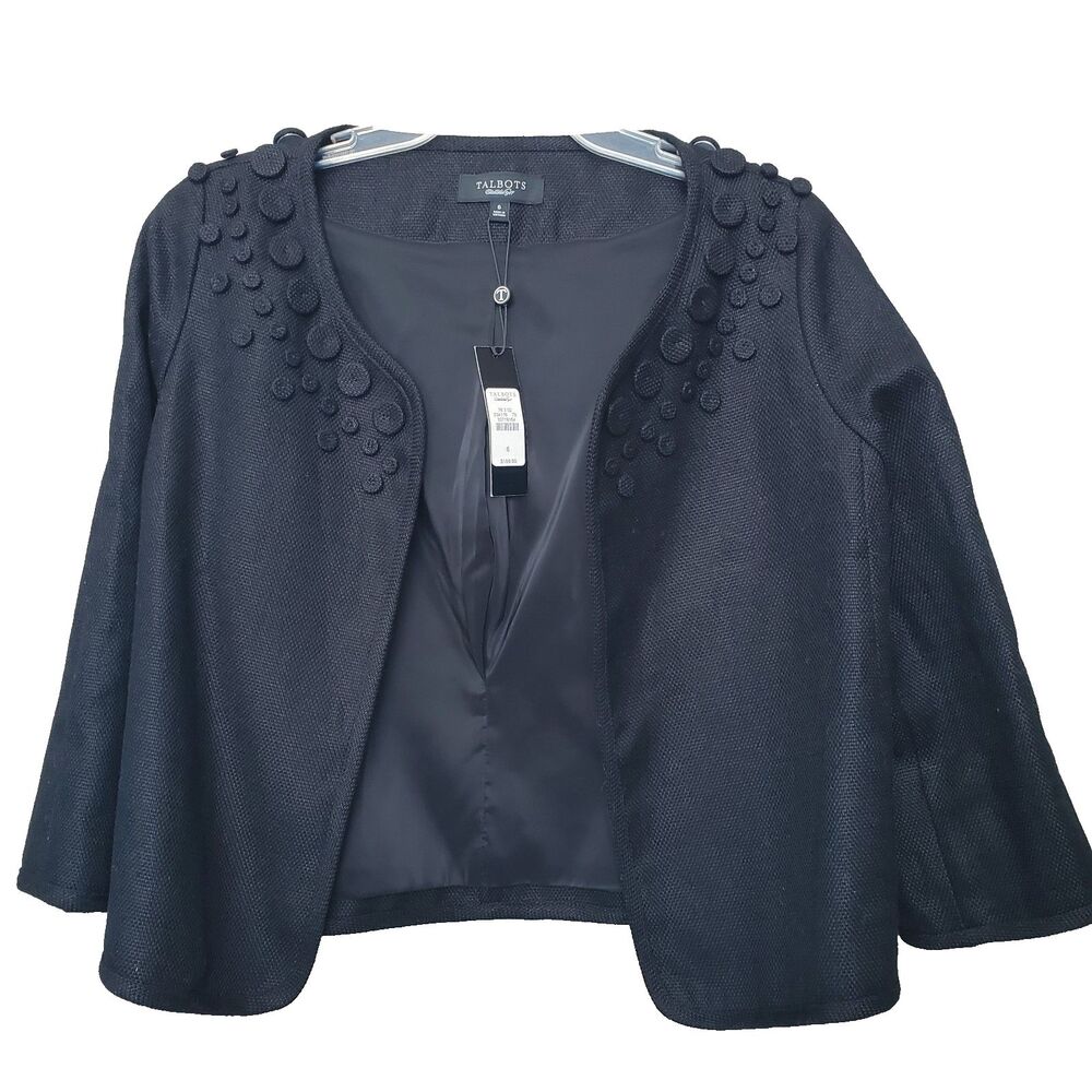 Talbots Linen/Cotton Black Tweed Open Front Long Sleeve Blazer Size 6 NWT